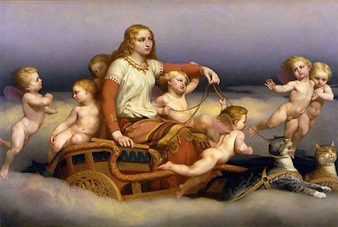 Querformatiges Gemälde der germanischen Göttin Freya/Freja in Begleitung der Engel auf ihrem von Wild-Katzen gezogenen Streitwagen über den Himmel fahrend