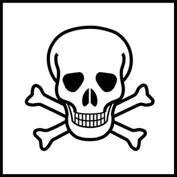 Traditionelles Piktogramm und Symbol für Gift mit einem Schädel mit gekreuzten Knochen auf weissem Hintergrund