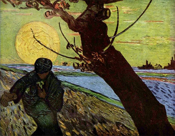 Gemälde - Der Sämann - von Vincent van Gogh, das einen Bauern beim Austragen von Saatgut zeigt.