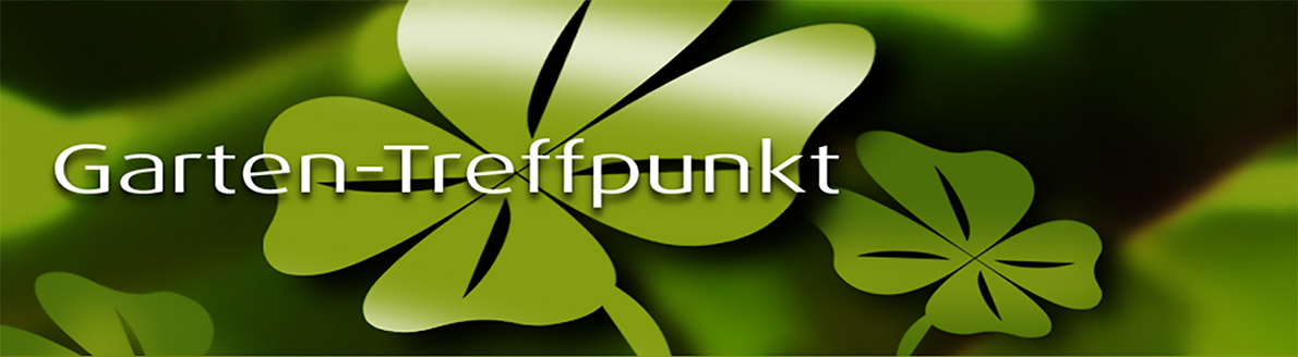 Dunkelgrüner Header oben mit Schriftzug Garten-Treffpunkt und vierblättrigen Kleeblättern als Hintergrund