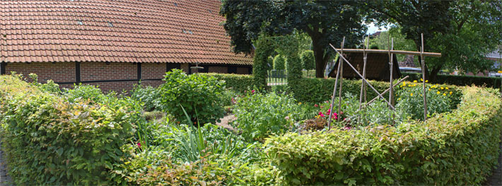 Bauerngarten umrahmt von einer niedrigen, formgeschnittenen Laubhecke