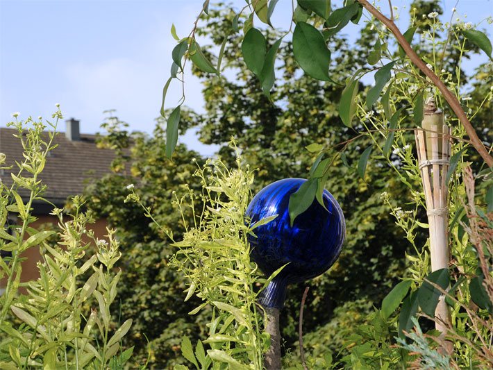 Blau-lila Glaskugel aufgesteckt auf einem Holz-Stiel in einem Balkonkasten