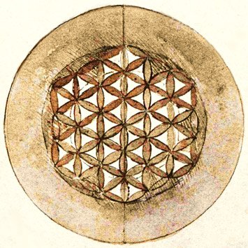 Zeichnung geometrischer Strukturen von Leonardo da Vinci, die im Zusammenhang steht mit der ornamentartigen Struktur der Blume des Lebens
