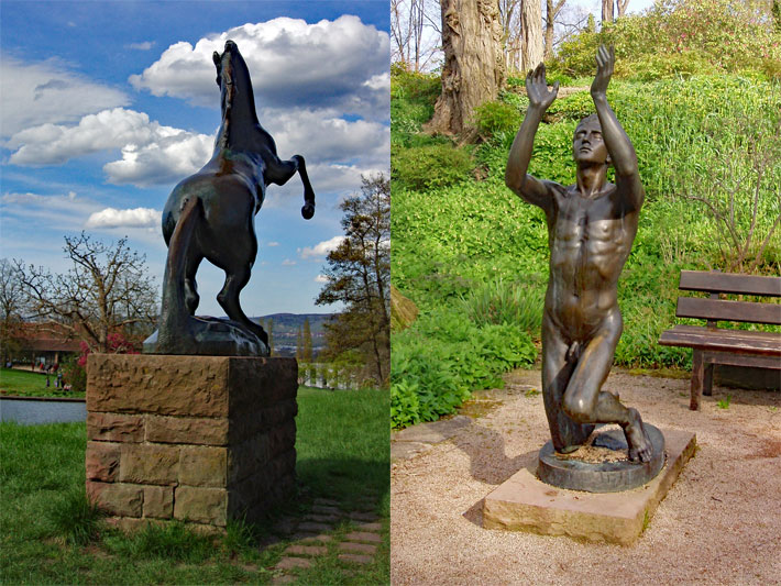 Bronze-Skulpturen von einem steigenden Pferd und einem Jüngling im Höhenpark Killesberg in Stuttgart