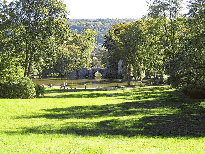 Der Eisteich im Englischen Garten Meiningen umgeben von Laubbäumen im Sommer