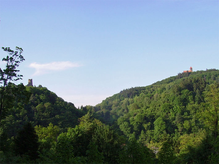 Panorama-Aufnahme vom Exotenwald Weinheim mit der Burg Windeck auf der linken Seite und der Wachenburg im Hintergrund
