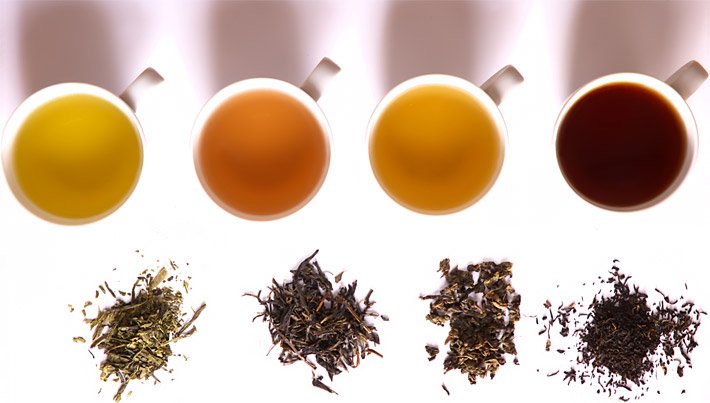 Vier weiße Teetassen mit verschieden fermentierten Teesorten von unterschiedlicher Farbe und vor jeder Tasse liegend das getrocknete Teekraut, ganz links ist das ein gelb farbener Grüner Tee, ein Bancha aus Japan, daneben ein orange-rot-farbener Gelber Tee, ein Kekecha aus China, darauf folgend ein orange-hellbraun-farbener Oolong Tee, ein Kwai Flower aus China, und ganz rechts ein rot-schwarz-farbener Schwarzer Tee, ein Bio Assam Sonipur aus Indien