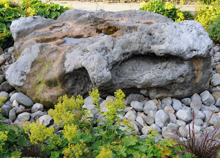 Findling in einem Garten von kleinen Steinen umgeben und gelb blühenden Blumen