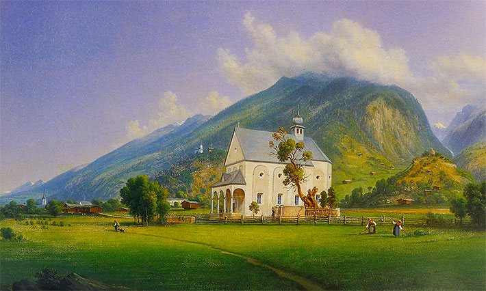 Gemälde von 1876 des schweizer Malers Johann Rudolf Bühlmann mit dem Ahorn von Trun vor der Kapelle Sankt Anna und den 