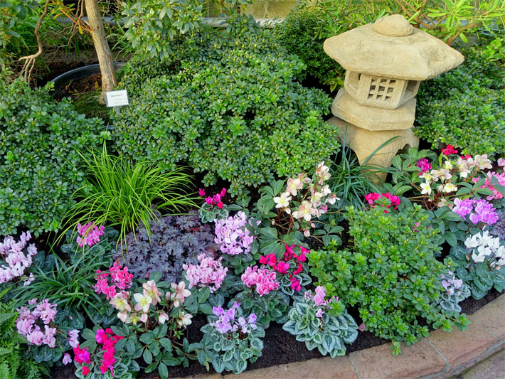 Blumenbeet mit Steinlampe und Beetblumen im Zoo vom Botanischen Garten Wilhelma in Stuttgart