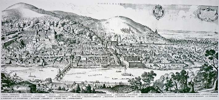 Historischer Kupferstich von Heidelberg, angefertigt im Jahre 1620 von Mathäus Merian vom Philosophenweg aus