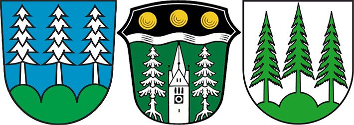 Drei Heraldik-Wappen mit Grafik-Bestandteilen der Gattung Abies von den deutschen Gemeinden Tannheim in Baden-Württemberg, Wald im bayerischen Allgäu und dem Ortsteil Tanne der Stadt Oberharz am Brocken in Sachsen-Anhalt.