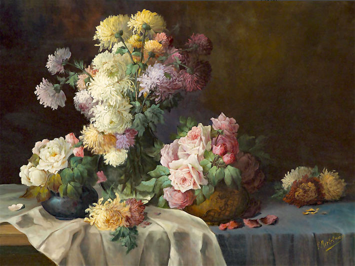 Gemälde vom belgischen Maler Frans Mortelmans (1865 - 1936) mit einem Herbstblumenstrauss bestehend aus Chrysanthemen und Rosen