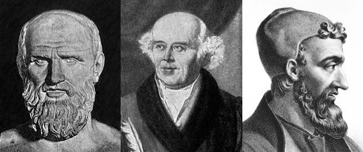 Historische Zeichnungen von Hippokrates von Kos, Samuel Hahnemann und Galenos von Pergamon