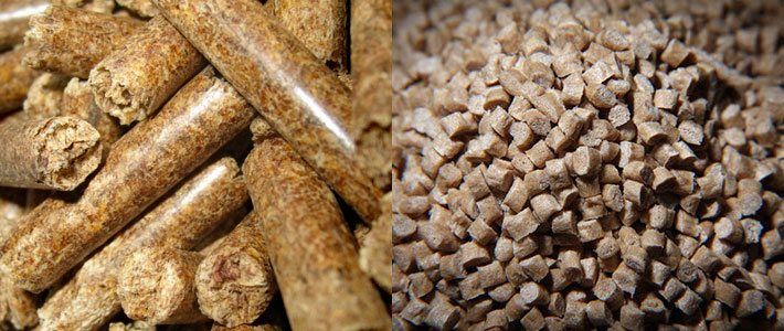 Zylinderförmig gepresste Holzpellets, entnommen einer Sackware