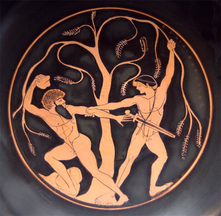 Rötliches Rundbild auf dem Boden einer alt-griechischen Trinkschale vom Kampf des Sinis mit Theseus unter einer Fichte in der griechischen Mythologie
