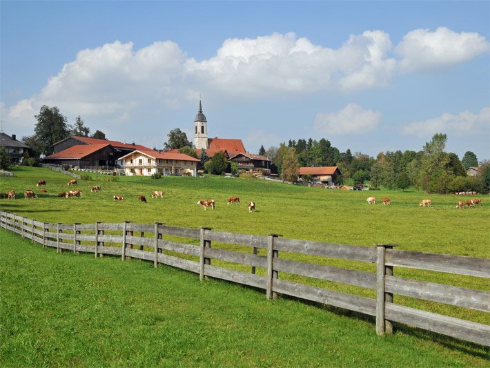 Panorama-Bild einer typischen Landschaft in Bayern mit dem Dorf Großhartpenning im Landkreis Miesbach, Oberbayern, im Vordergrund ein Landhotel, ein holzverkleidetes Wohnhaus und eine von der Milch-Landwirtschaft genutzte Wiese mit grasenden Kühen