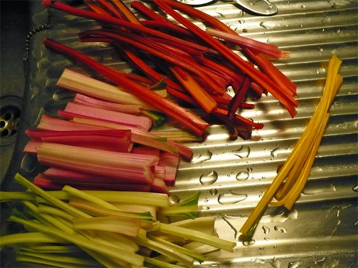 Rote, blass-orange und blass-grüne Mangold-Stengel beim Zubereiten auf einer Küchen-Spüle