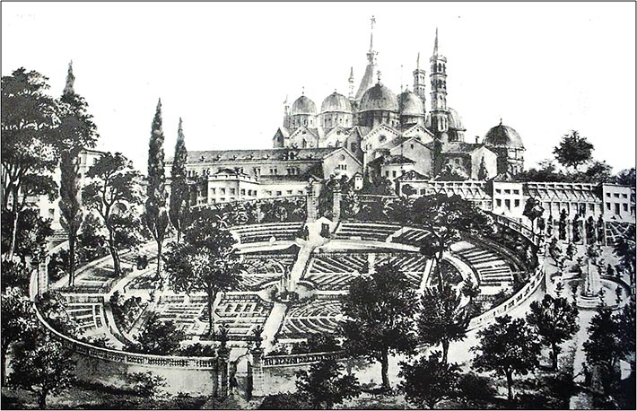 Alter Schwarz-Weiss-Druck aus dem 16. Jahrhundert vom Botanischen Garten Padua, dem Orto Botanico di Padova, im Hintergrund ist die Basilika des heiligen Antonius von Padua abgebildet