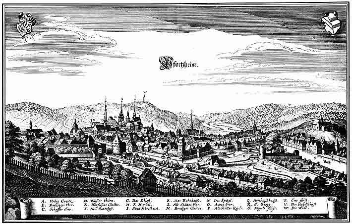 Historischer Stich der Stadt Pforzheim von Matthäus Merian