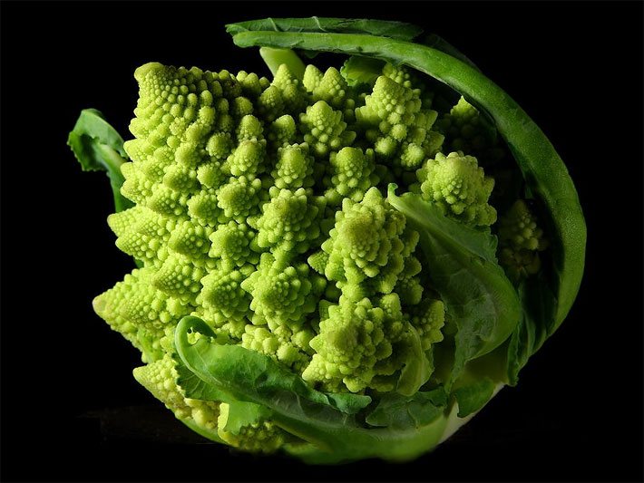 Bild von einem grünen Romanesco mit Fibonacci-Spiralen und fraktalen Strukturen