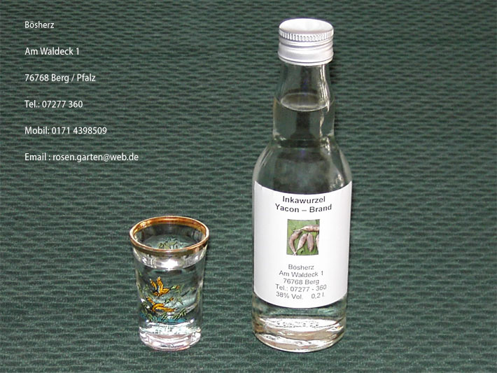 Eine Flasche Yacon-Schnaps mit einem Schnappsglas und Flaschenbeschriftung Inkawurzel Yacon - Brand Boesherz Am Waldeck 1 76768 Berg Tel.: 07277 - 360 38% Vol. 0,2 l