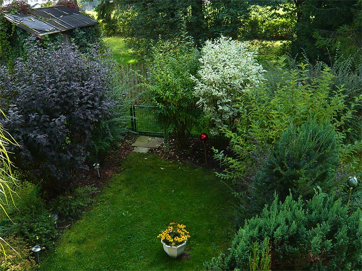 Sträucher-Garten in einer Reihenhaus-Siedlung in Oberbayern