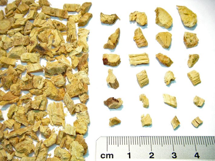 Geraspelte Süßholzwurzel-Stücke mit einem Zentimetermaß zur Veranschaulichung der Größe