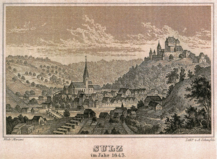 Historische Aufnahme von Sulz aus dem Jahr 1643 mit der mittelalterlichen Hoch-Burg Albeck