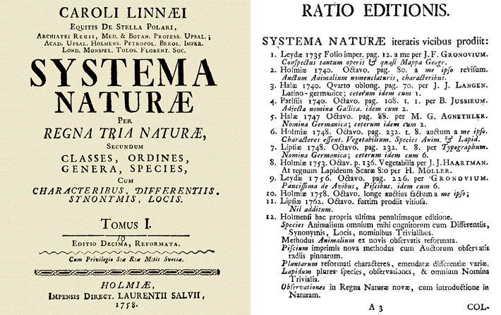Titelblatt der ersten Auflage sowie die Ratio Editionis in der zwölften Auflage des Werkes Systema Naturae mit einer Liste der von Carl von Linne autorisierten Auflagen 