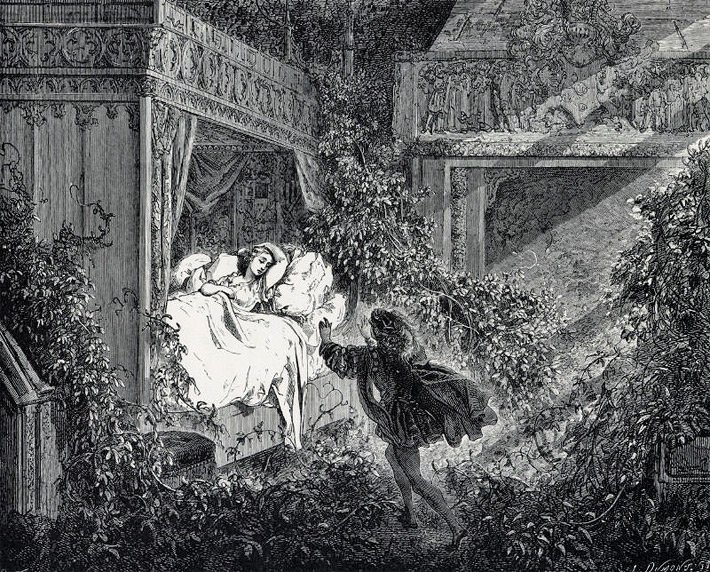 Schwarzweißes Bild des französischen Malers Gustave Doré mit einer Szene aus Dornröschen als der Prinz auf das Himmelbett mit der schlafenden Prinzessin im Schloss zugeht