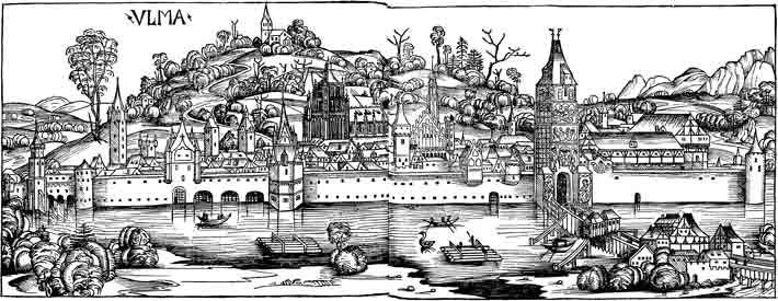 Historischer Holzschnitt der Stadt Ulm, gezeichnet etwa im Jahre 1490, aus der Weltchronik von Hartmann Schedel 