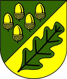 In gelb und dunkelgrün gehaltenes Wappen der Gemeinde Neu-Eichenberg, zweigeteilt mit fünf Eicheln auf der einen Seite und diagonal gegenüber ein Eichenblatt