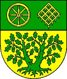 In gelb und grün gehaltenes Wappen der Gemeinde Rickert mit Rad und Egge, darunter eine Doppeleiche, die eine gemeinsame Wurzel aufweist