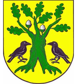 In gelb und grün gehaltenes Wappen der Gemeinde Rabenkirchen-Faulück mit einer Doppeleiche mit zwei Eicheln und sich zugewandten schwarzen Raben auf jeder Seite, die am Boden getrennte Stämme aufweist