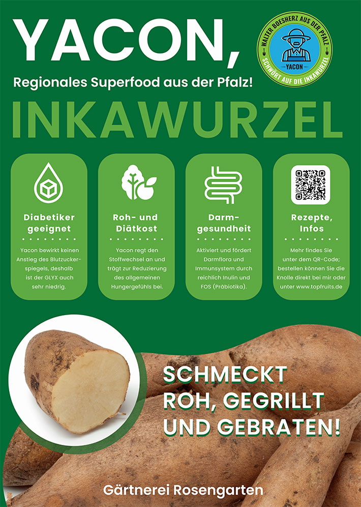 Externe Werbung mit QR-Code für die Gärtnerei Rosengarten, welche die Yacon (Smallanthus sonchifolius) als regionales Superfood in Rheinland-Pfalz anbaut